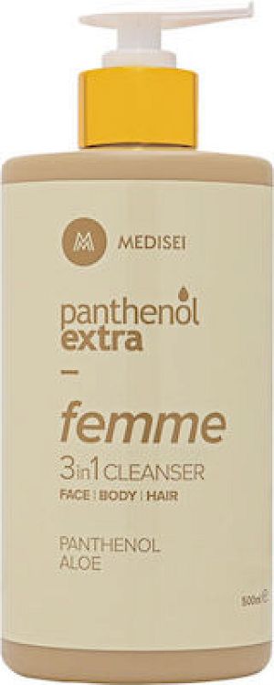 Medisei Panthenol Extra Femme 3 in 1 Cleanser είναι αφρόλουτρο και σαμπουάν μαζί, ιδανικό για καθημερινή χρήση σε πρόσωπο, σώμα και μαλλιά.